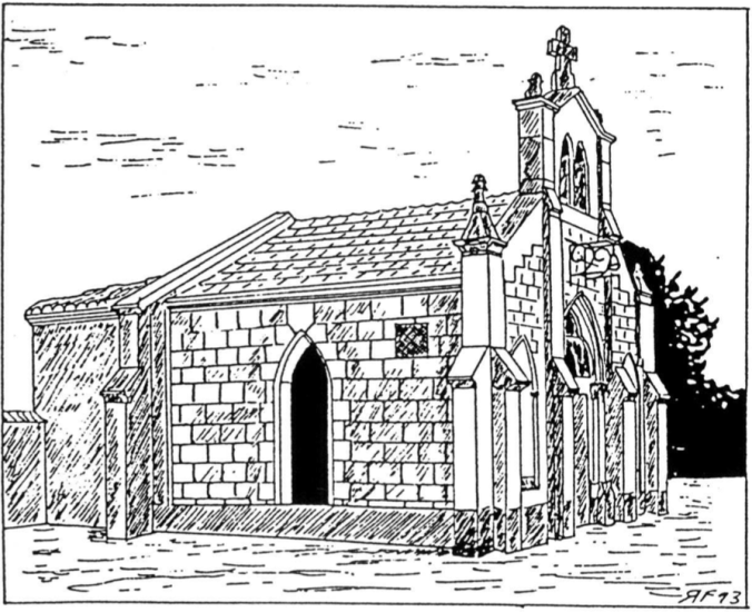 Chapelle de Notre-Dame des Anges, Chalain-le-Comtal  (Illustration : Roger Faure, source : Supplément au n°63 de Village du Forez, 1995)